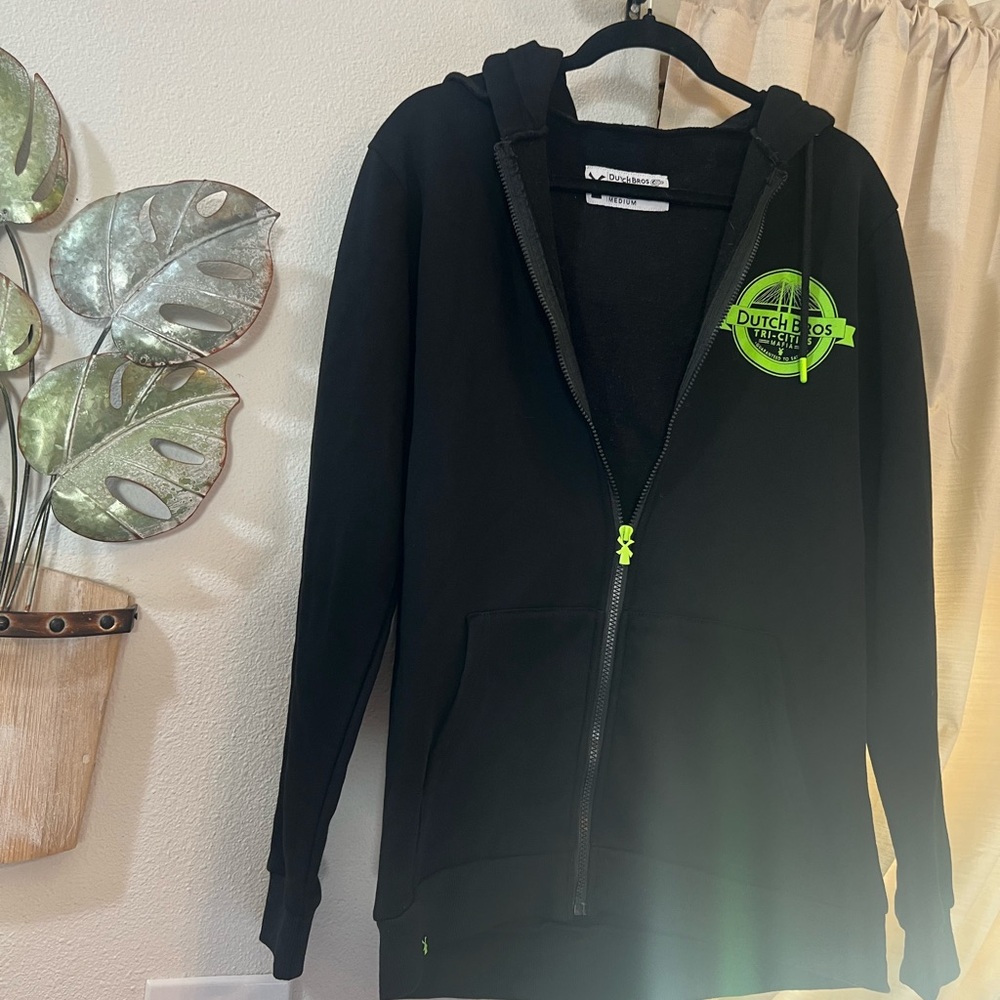 Dutch Bros Black Zip-Up Hoodie with Neon Green Logo